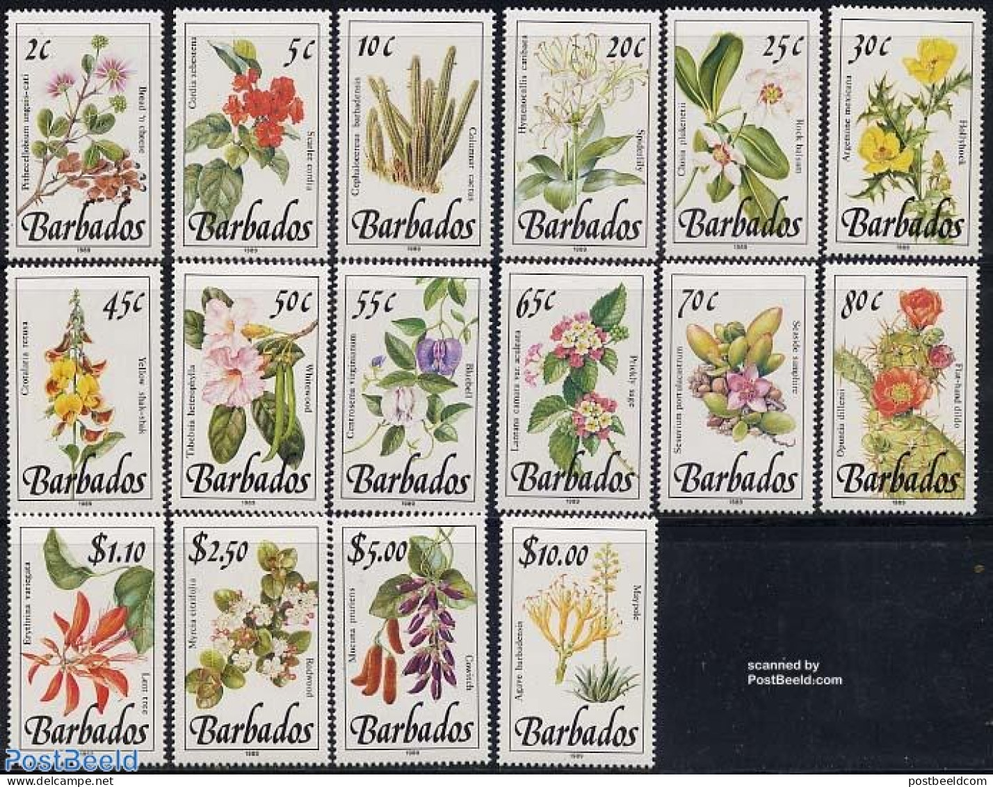 Barbados 1989 Definitives, Flowers 16v, Mint NH, Nature - Flowers & Plants - Barbados (1966-...)