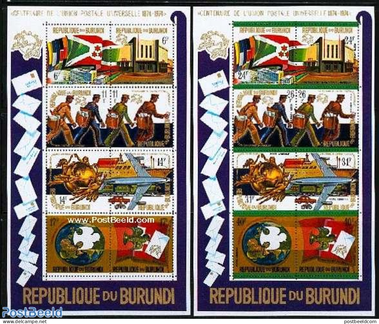 Burundi 1974 UPU Centenary 2 S/s, Mint NH, Transport - Post - U.P.U. - Automobiles - Aircraft & Aviation - Railways - .. - Posta