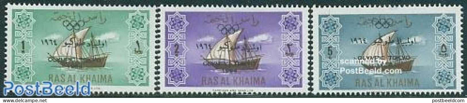 Ras Al-Khaimah 1965 Olympic Games 3v, Overprints, Mint NH, Sport - Transport - Olympic Games - Ships And Boats - Boten