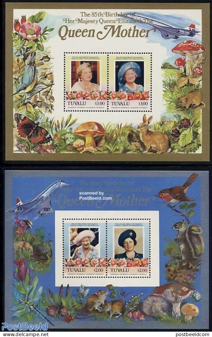 Tuvalu 1985 Queen Mother 2 S/s, Mint NH, History - Nature - Transport - Kings & Queens (Royalty) - Animals (others & M.. - Royalties, Royals