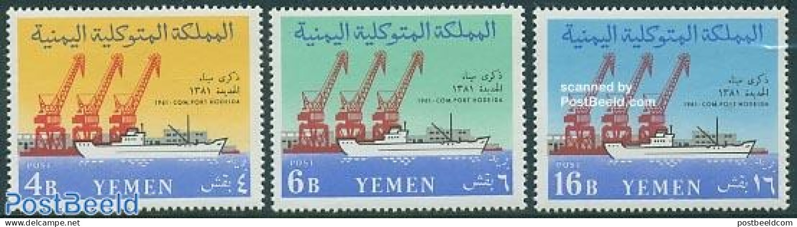 Yemen, Arab Republic 1961 Hodeida Harbour 3v, Mint NH, Transport - Ships And Boats - Ships
