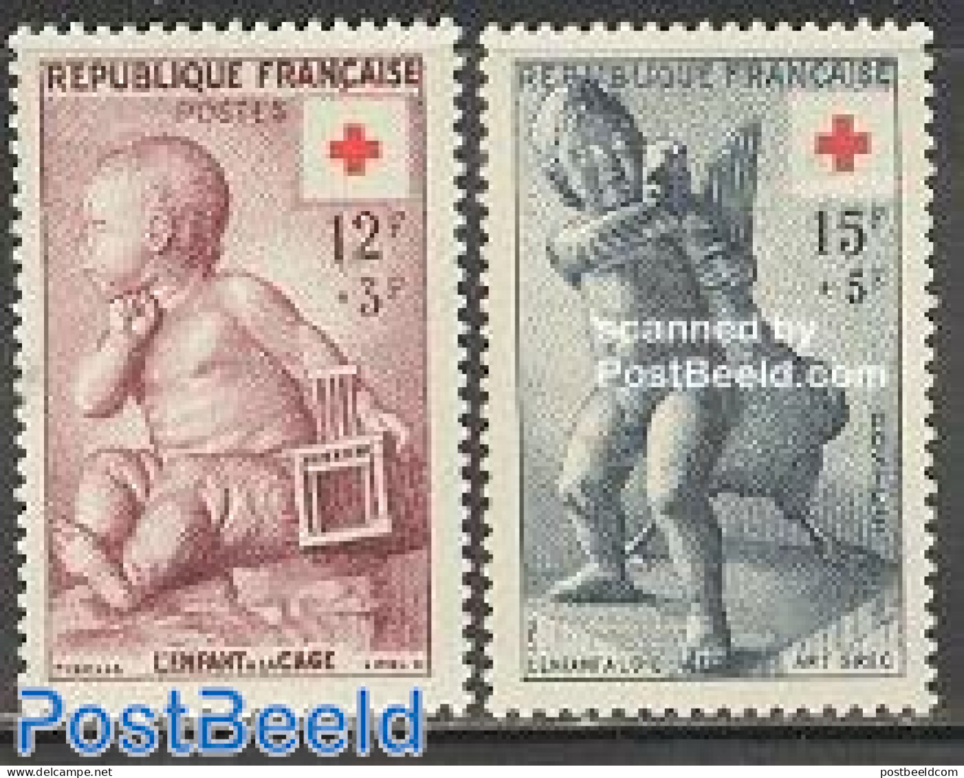 France 1955 Red Cross 2v, Mint NH, Health - Nature - Religion - Red Cross - Birds - Angels - Art - Sculpture - Unused Stamps