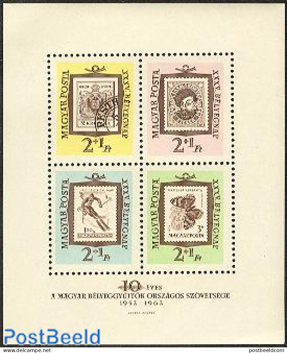 Hungary 1962 Stamp Day S/s, Mint NH, Nature - Sport - Butterflies - Skiing - Stamp Day - Stamps On Stamps - Nuevos