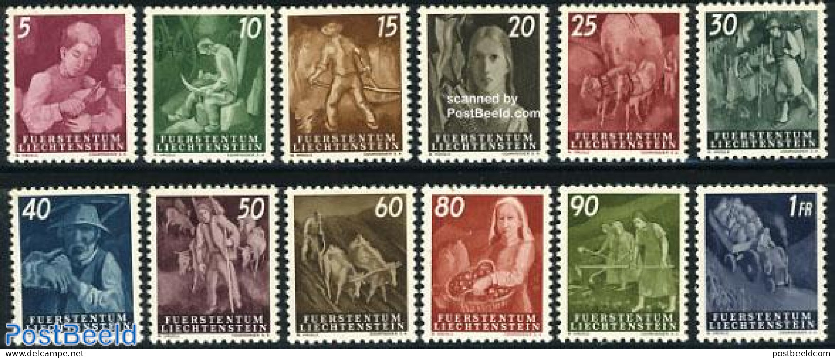 Liechtenstein 1951 Definitives 12v, Unused (hinged), Health - Nature - Various - Bread & Baking - Cattle - Wine & Wine.. - Neufs