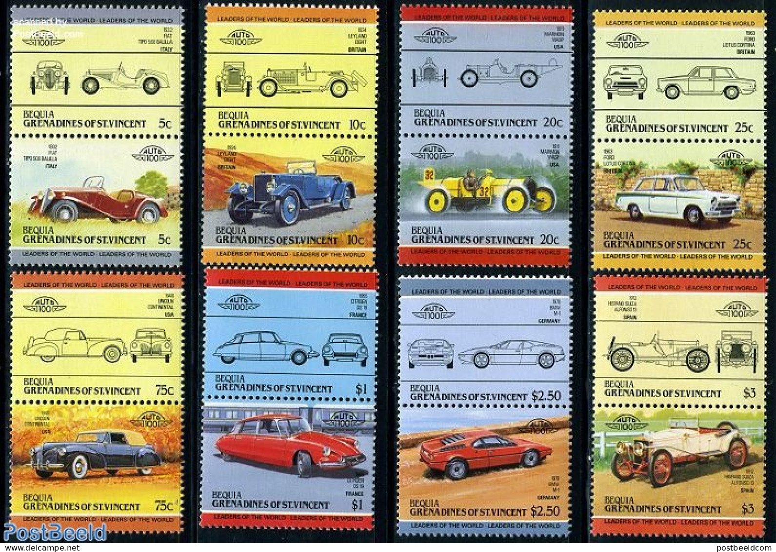 Saint Vincent & The Grenadines 1984 Bequia, Automobiles 8x2v [:] (Citroen,Fiat,BMW,, Mint NH, Transport - Automobiles - Cars