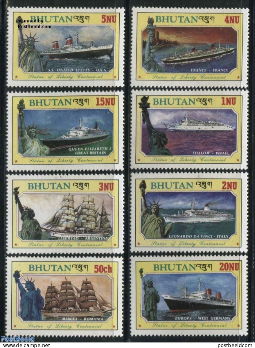 Bhutan 1986 Statue Of Liberty 8v, Mint NH, Transport - Ships And Boats - Art - Sculpture - Bateaux