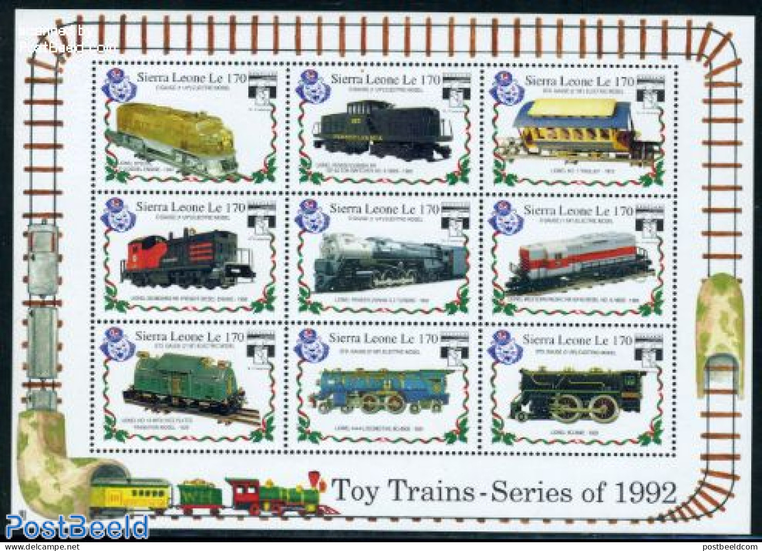 Sierra Leone 1992 Genova 92 9v M/s, Lionel Special F-3 Dieselloc, Mint NH, Transport - Various - Railways - Toys & Chi.. - Trains
