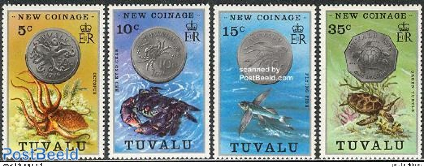 Tuvalu 1976 Coins 4v, Mint NH, Nature - Various - Fish - Reptiles - Shells & Crustaceans - Turtles - Money On Stamps - Fishes