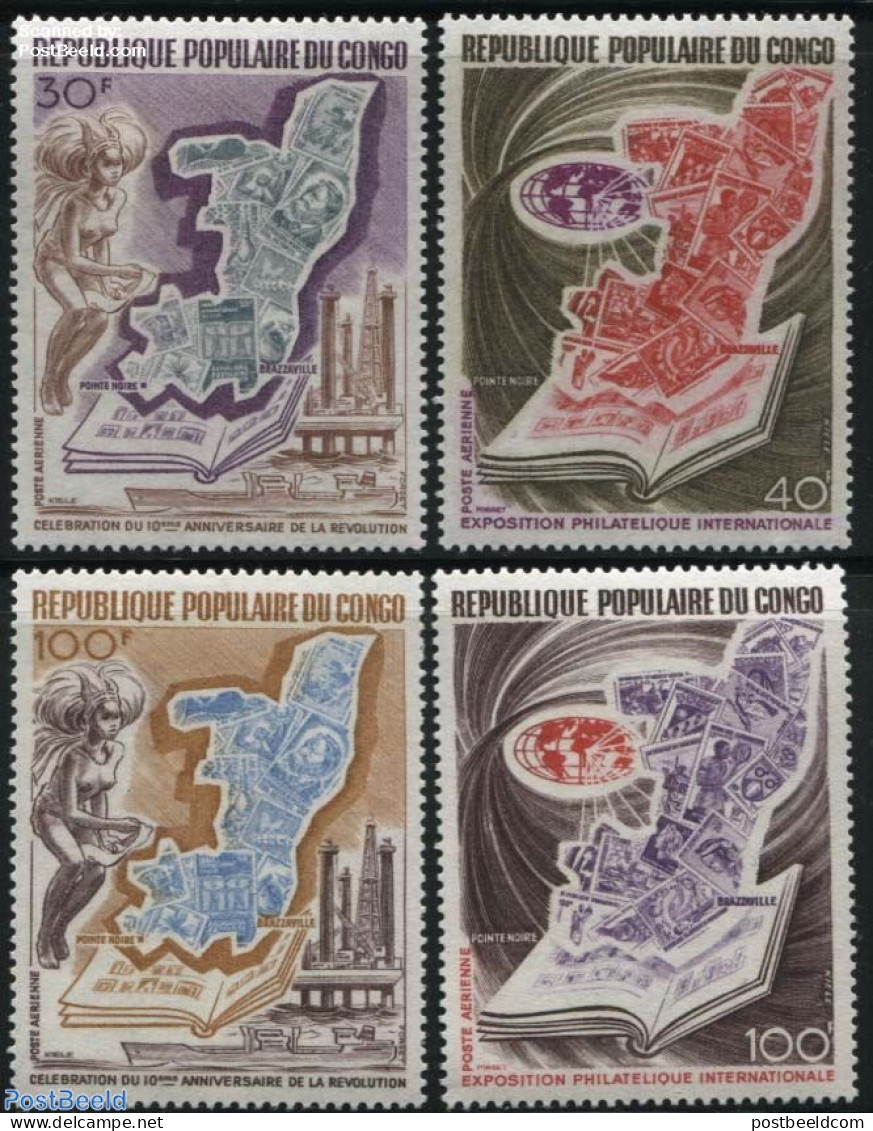 Congo Republic 1973 Revolution Anniversary 4v, Mint NH, Science - Transport - Various - Mining - Stamps On Stamps - Sh.. - Stamps On Stamps