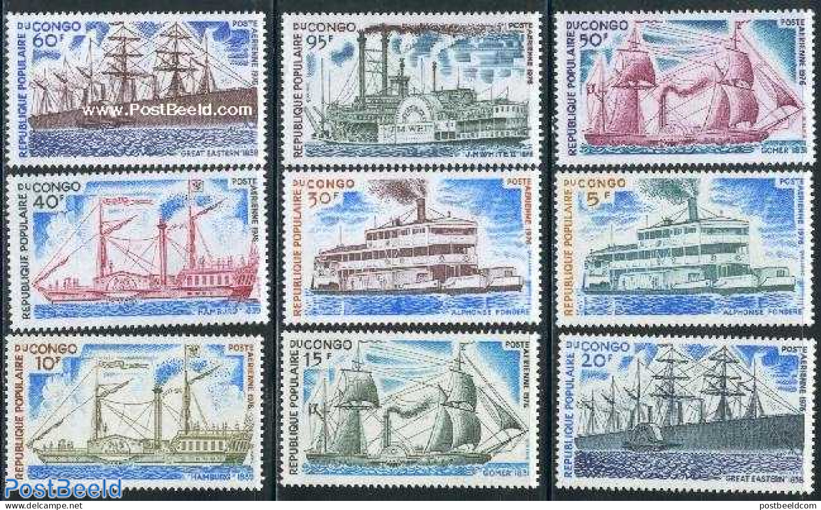 Congo Republic 1976 Old Ships 9v, Mint NH, Transport - Ships And Boats - Bateaux