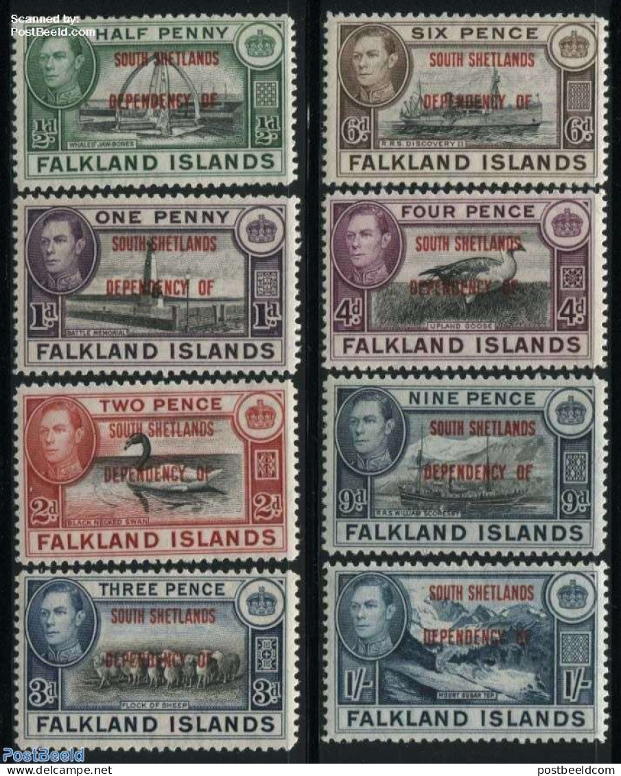 South Georgia / Falklands Dep. 1944 South Shetlands, Definitives 8v, Mint NH, Nature - Transport - Birds - Cattle - Sh.. - Ships