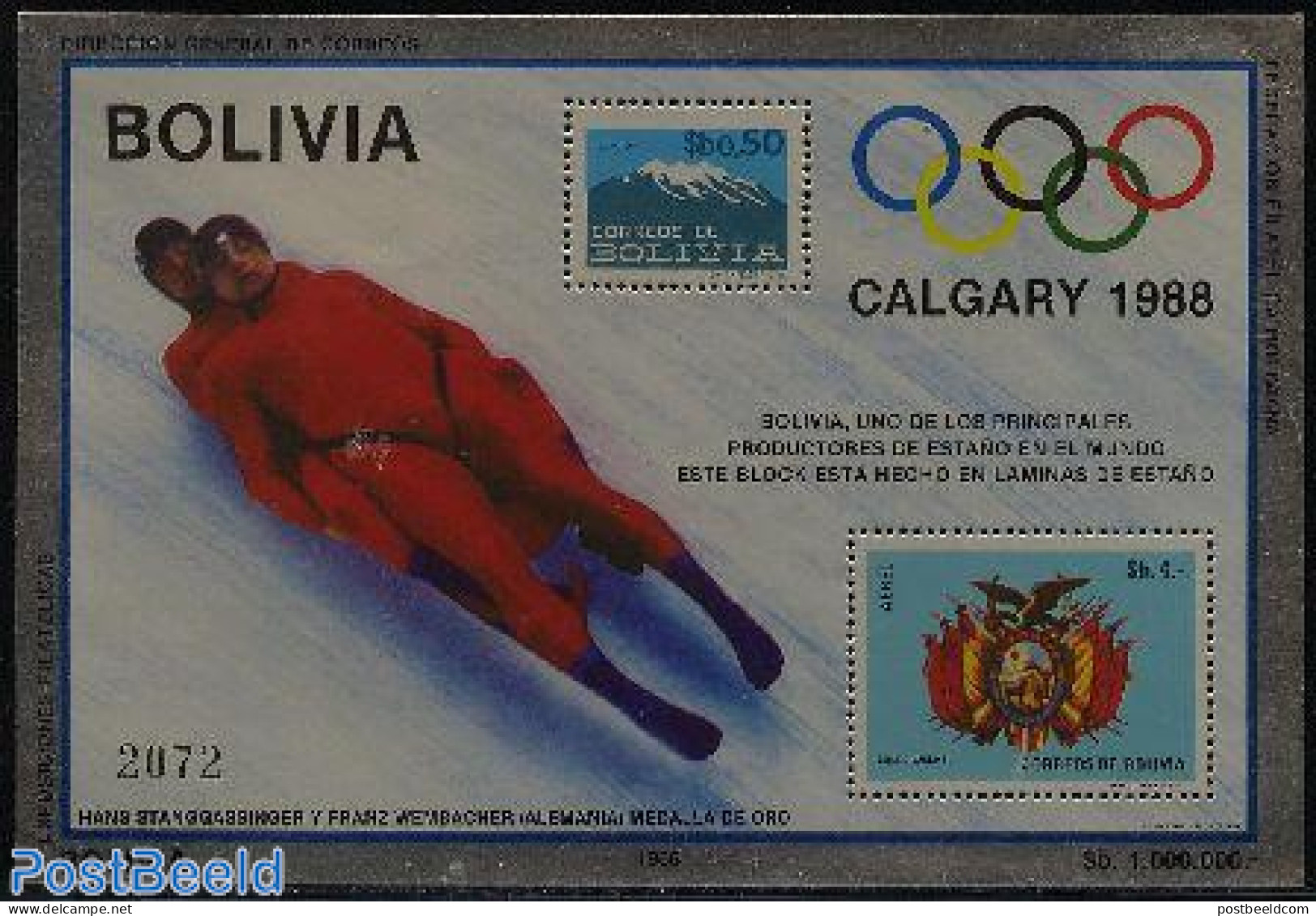 Bolivia 1986 Olympic Winter Games S/s, Mint NH, History - Sport - Various - Coat Of Arms - Olympic Winter Games - Stam.. - Stamps On Stamps