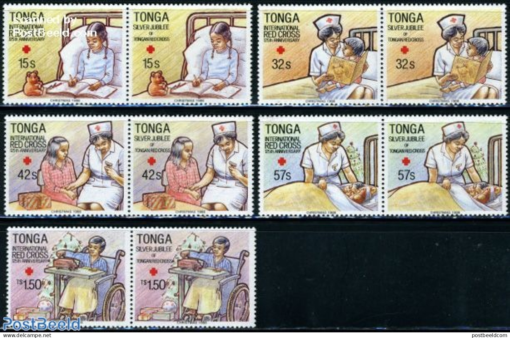 Tonga 1988 Christmas, Red Cross 5x2v [:], Mint NH, Health - Religion - Disabled Persons - Red Cross - Christmas - Handicaps