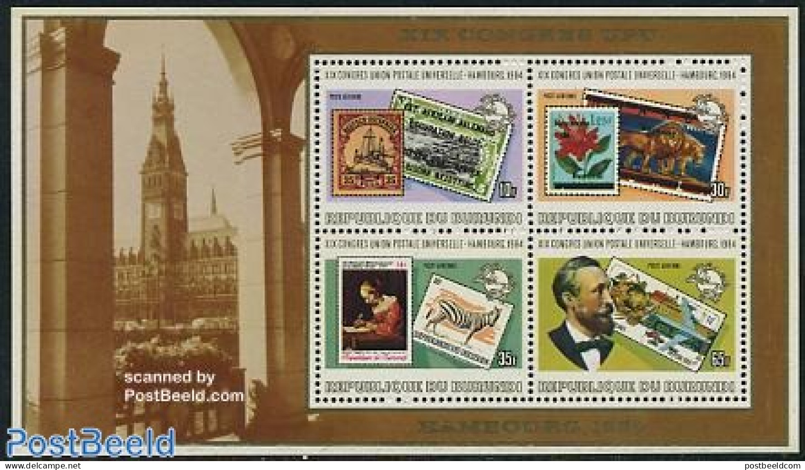 Burundi 1984 Hamburg UPU Congress S/s, Mint NH, Nature - Transport - Cat Family - Zebra - Post - Stamps On Stamps - U... - Post