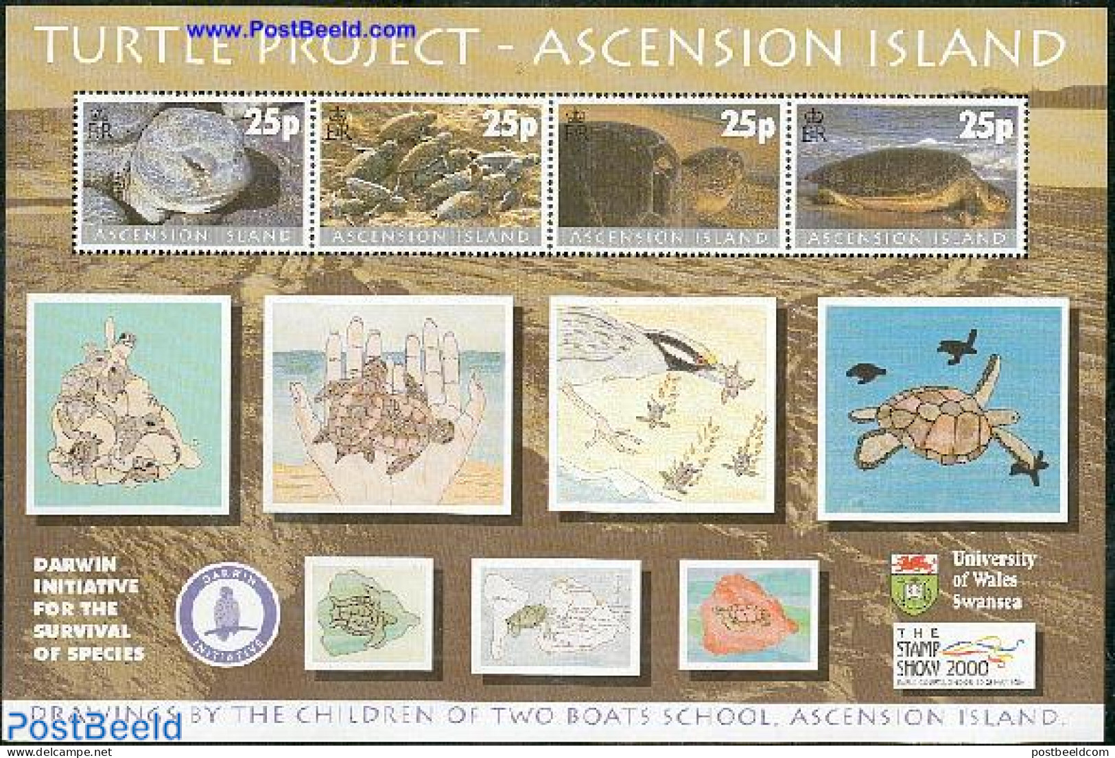 Ascension 2000 Turtles, Stamp Show 2000 S/s, Mint NH, Nature - Various - Reptiles - Turtles - Maps - Geography