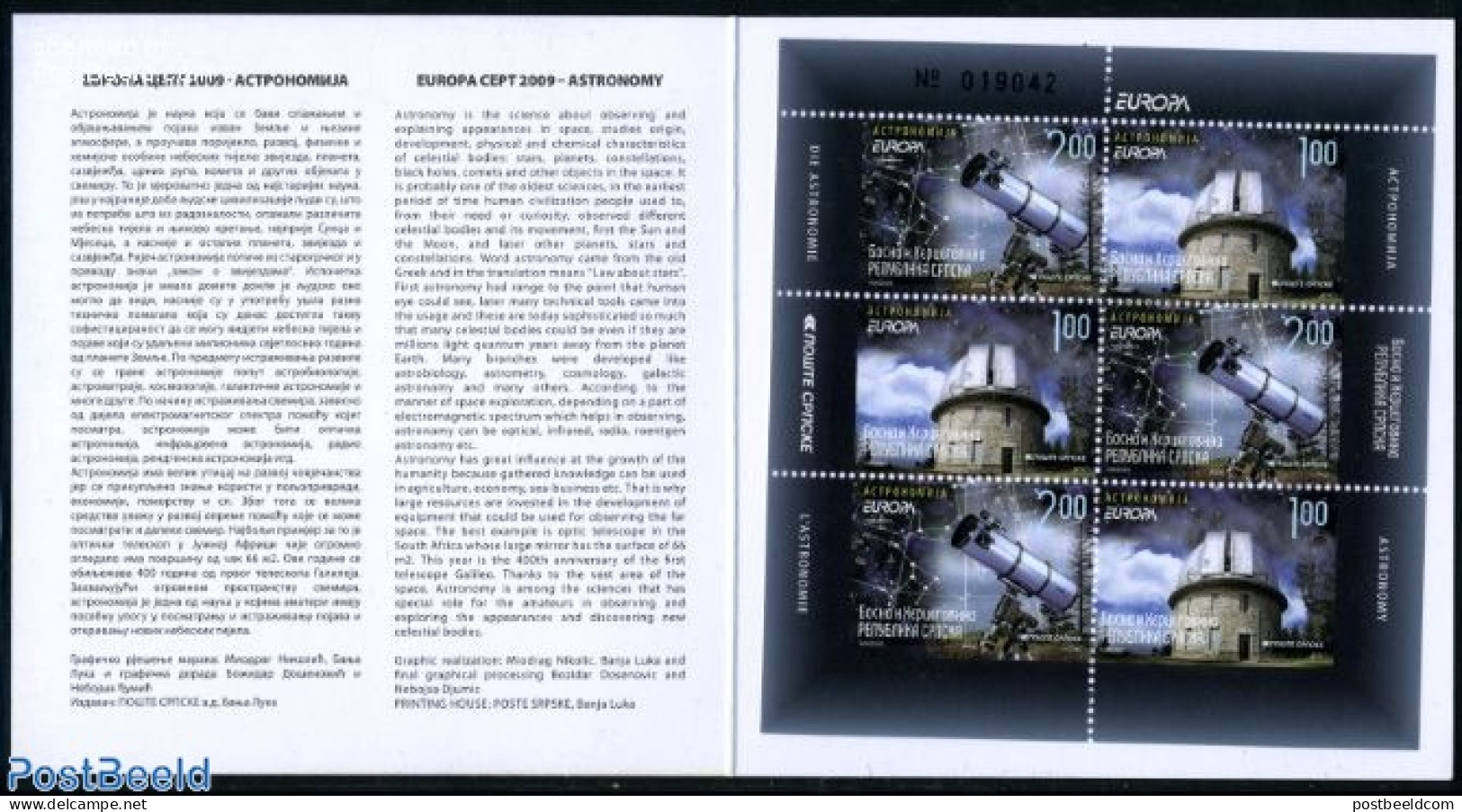 Bosnia Herzegovina - Serbian Adm. 2009 Europa, Astronomy Booklet, Mint NH, History - Science - Europa (cept) - Astrono.. - Astrology