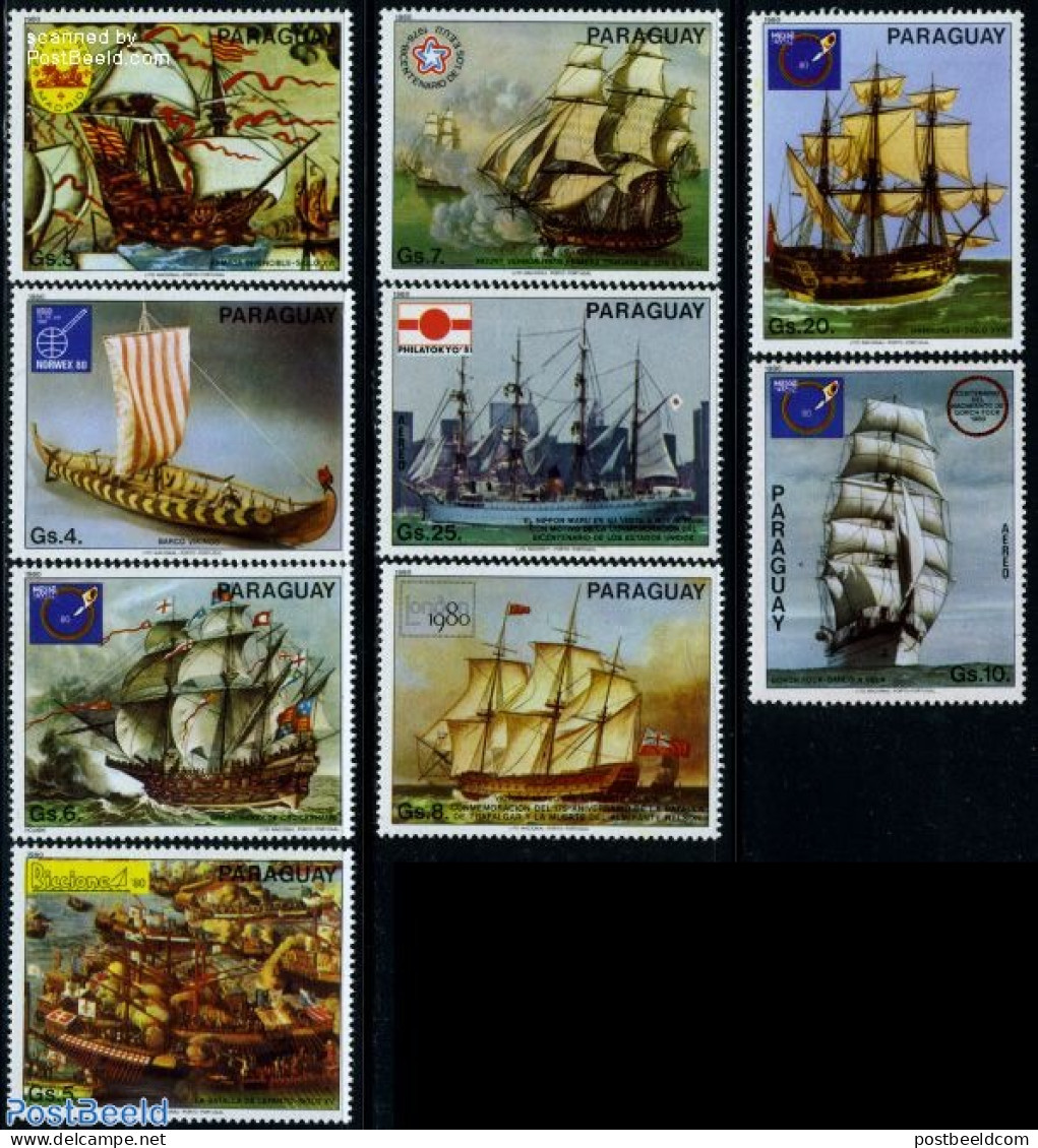 Paraguay 1980 Ship Paintings 9v, Mint NH, Transport - Ships And Boats - Art - Paintings - Boten