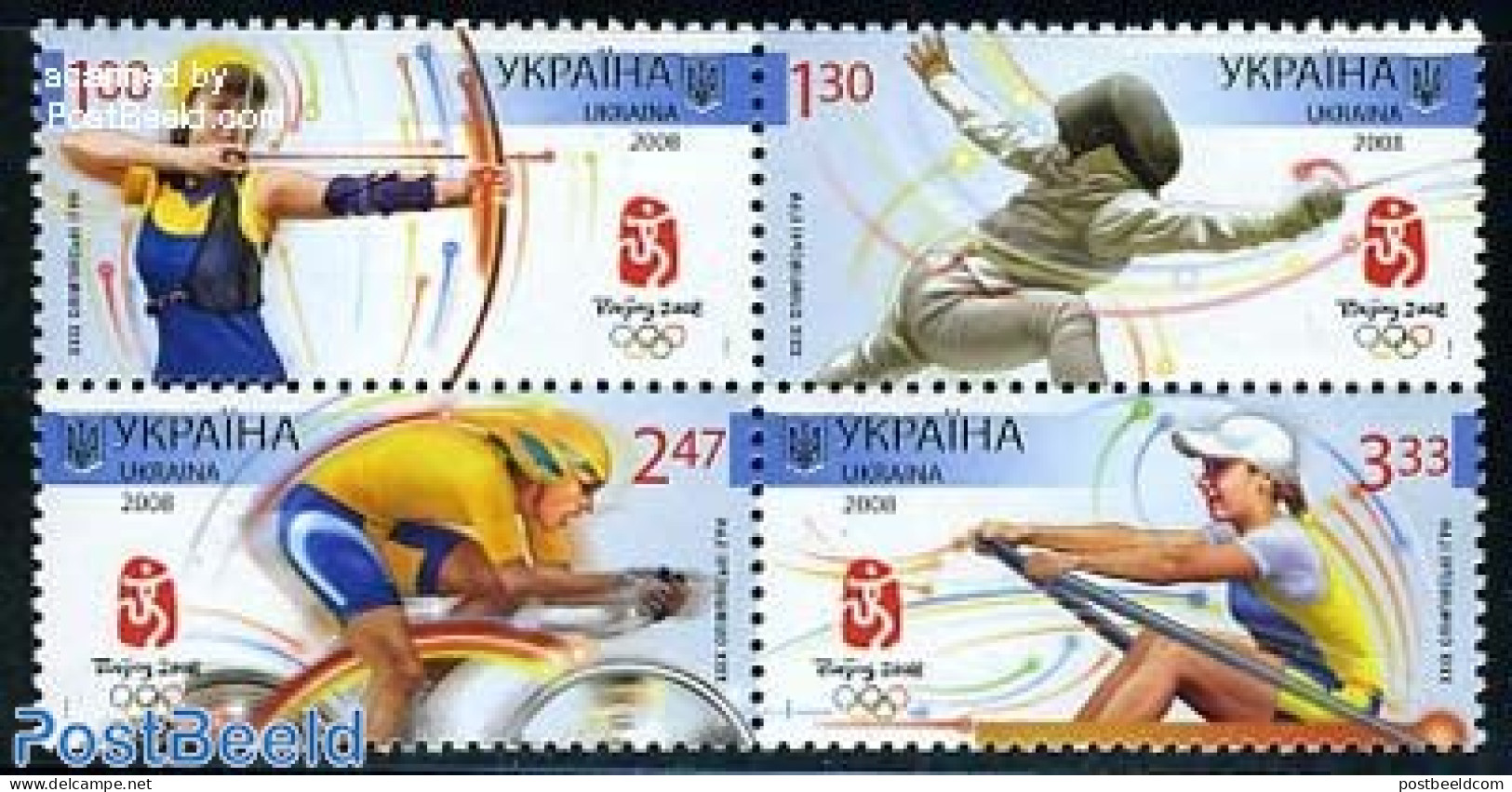 Ukraine 2008 Olympic Games 4v [+], Mint NH, Sport - Cycling - Fencing - Kayaks & Rowing - Olympic Games - Shooting Spo.. - Cycling