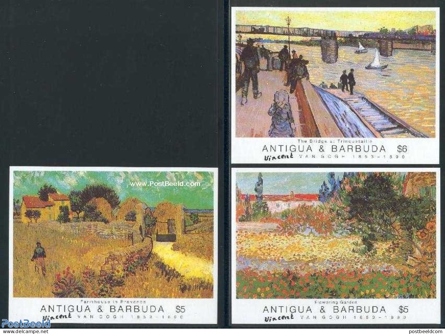 Antigua & Barbuda 1991 Vincent Van Gogh 3 S/s, Mint NH, Art - Modern Art (1850-present) - Vincent Van Gogh - Antigua Et Barbuda (1981-...)