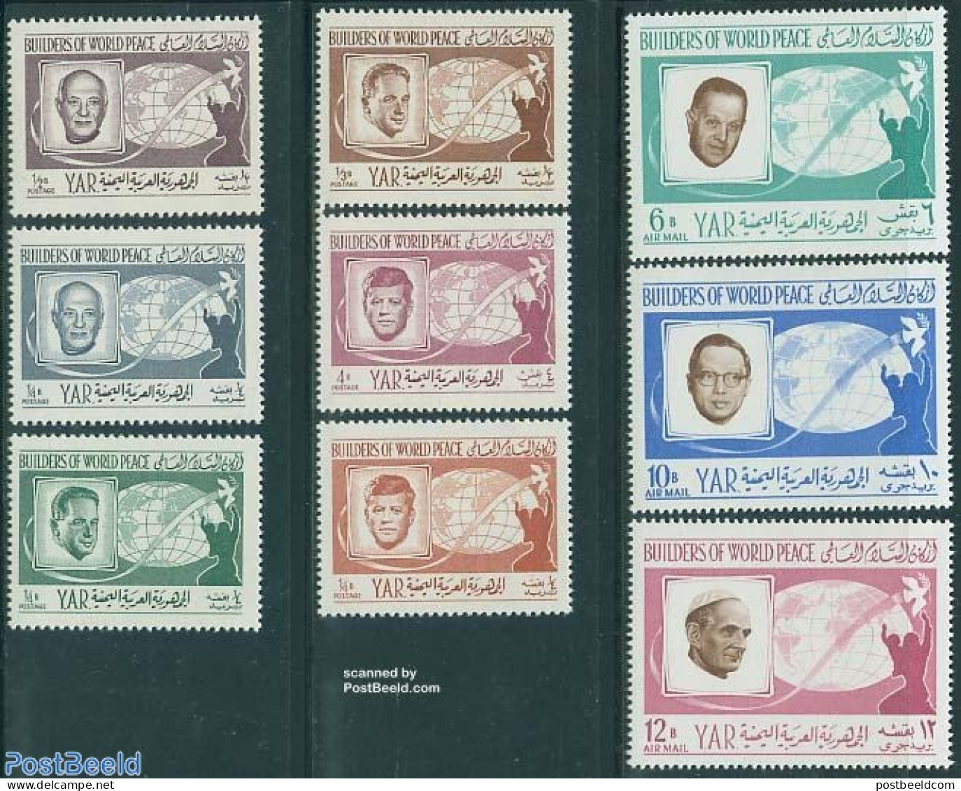 Yemen, Arab Republic 1966 Famous Persons 9v, Mint NH, History - Religion - Various - American Presidents - Politicians.. - Päpste