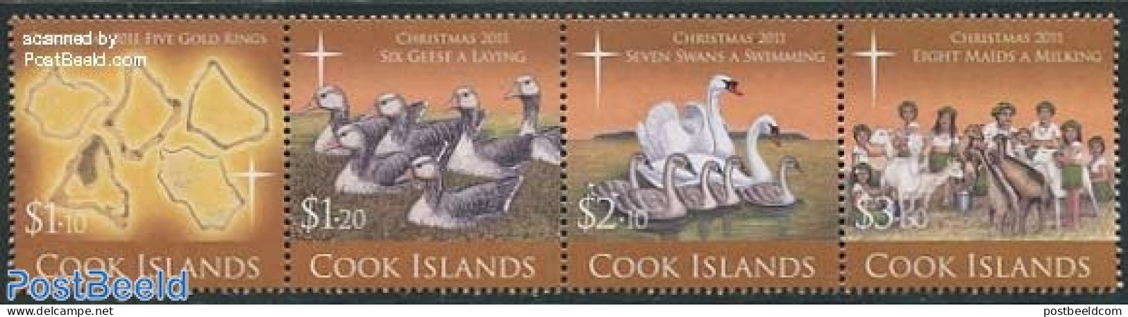 Cook Islands 2011 Christmas 4v [:::], Mint NH, Nature - Religion - Various - Birds - Cattle - Christmas - Maps - Christmas
