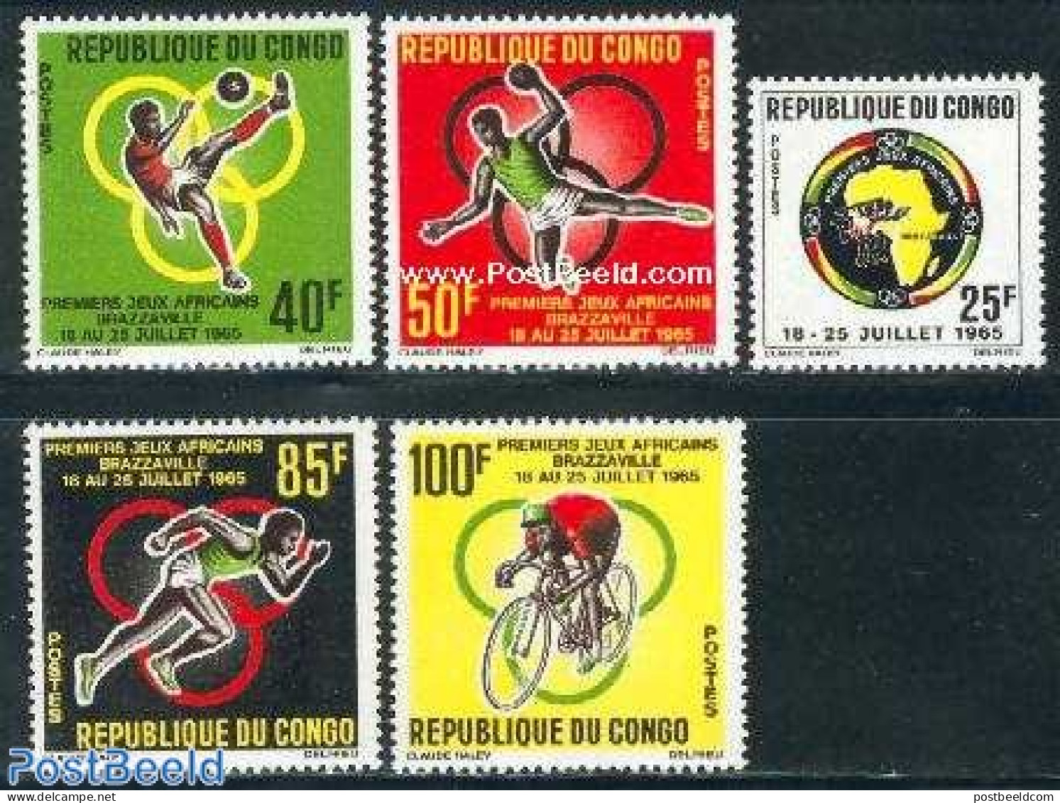 Congo Republic 1965 African Games 5v, Mint NH, Sport - Various - Athletics - Cycling - Football - Handball - Sport (ot.. - Athletics