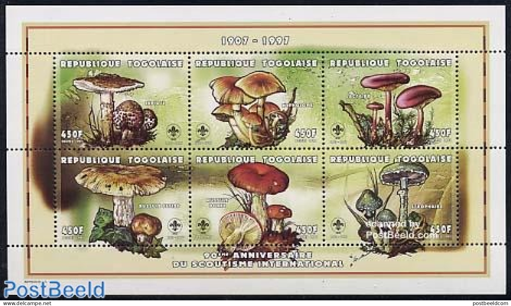 Togo 1997 Scouting, Mushrooms 6v M/s, Mint NH, Nature - Sport - Mushrooms - Scouting - Mushrooms