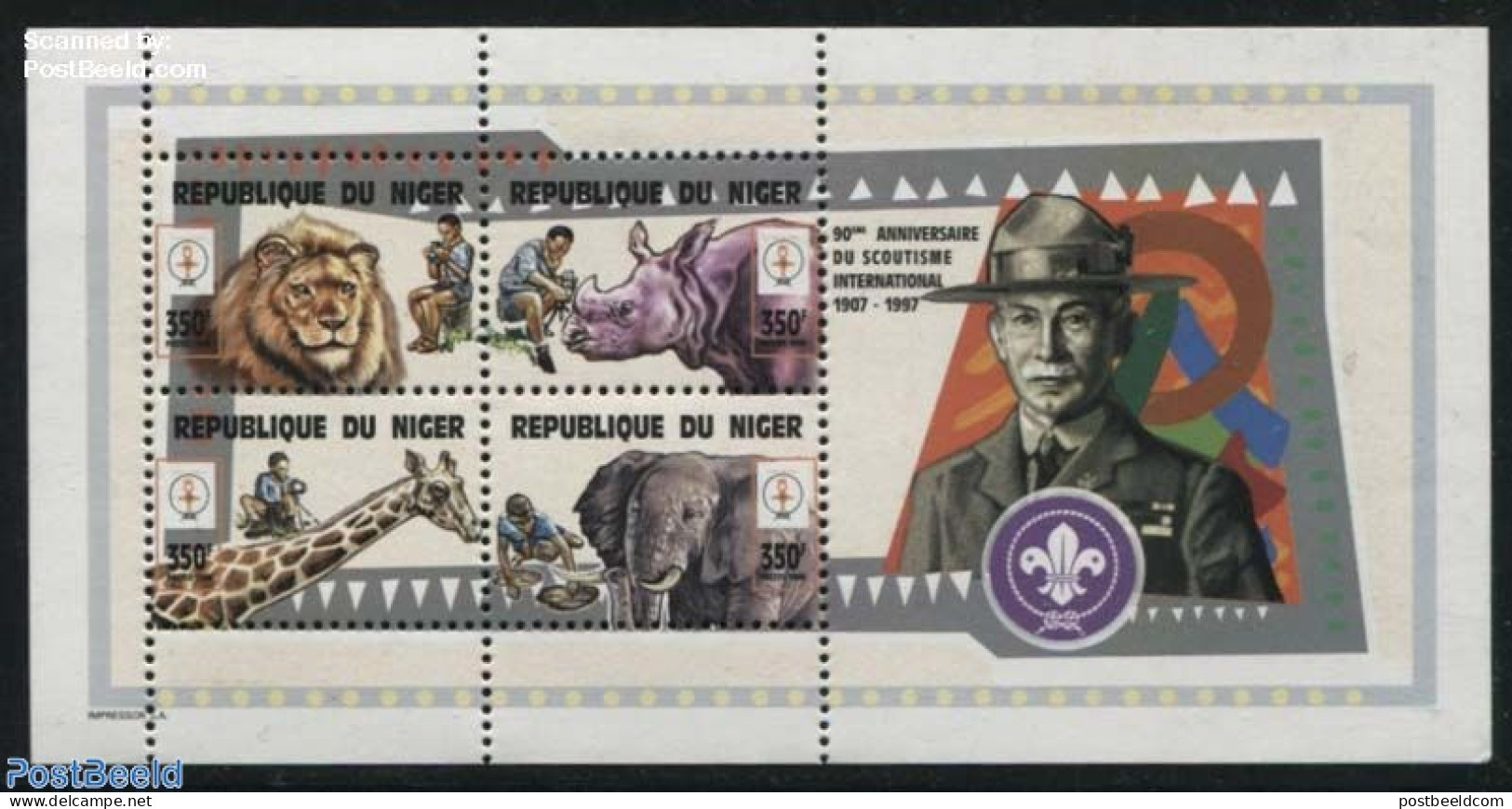 Niger 1998 Scouting 4x350F, M/s, Mint NH, Nature - Sport - Animals (others & Mixed) - Cat Family - Elephants - Giraffe.. - Niger (1960-...)