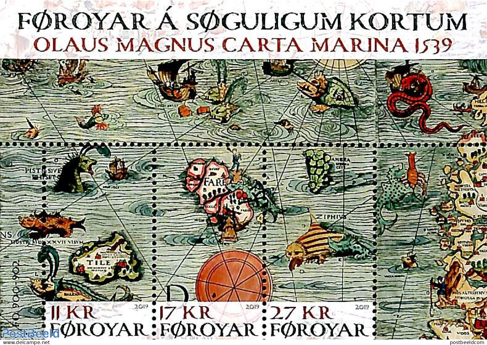 Faroe Islands 2019 Olaus Magnus Carta Marina 1539 S/s, Mint NH, Nature - Transport - Various - Fish - Ships And Boats .. - Fishes