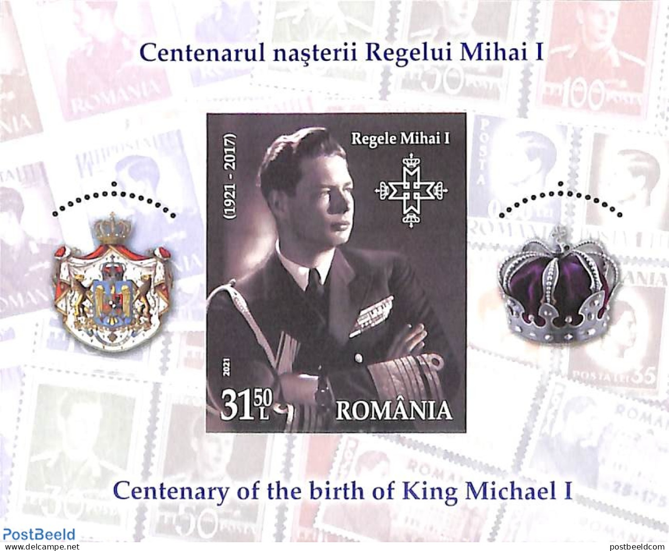 Romania 2021 King Michael I S/s, Imperforated, Mint NH, History - Kings & Queens (Royalty) - Stamps On Stamps - Neufs