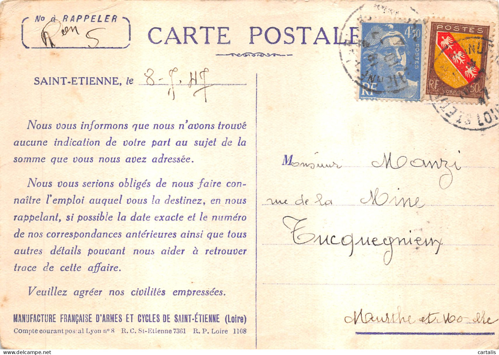 42-SAINT ETIENNE-MANUFACTURE FRANCAISE D ARMES-N 600-C/0243 - Other & Unclassified