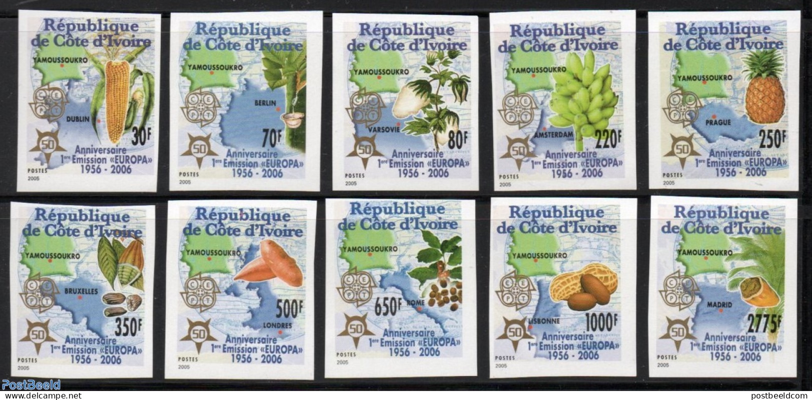 Ivory Coast 2005 50 Years Europa Stamps 10v Imperforated, Mint NH, History - Nature - Various - Europa Hang-on Issues .. - Ungebraucht
