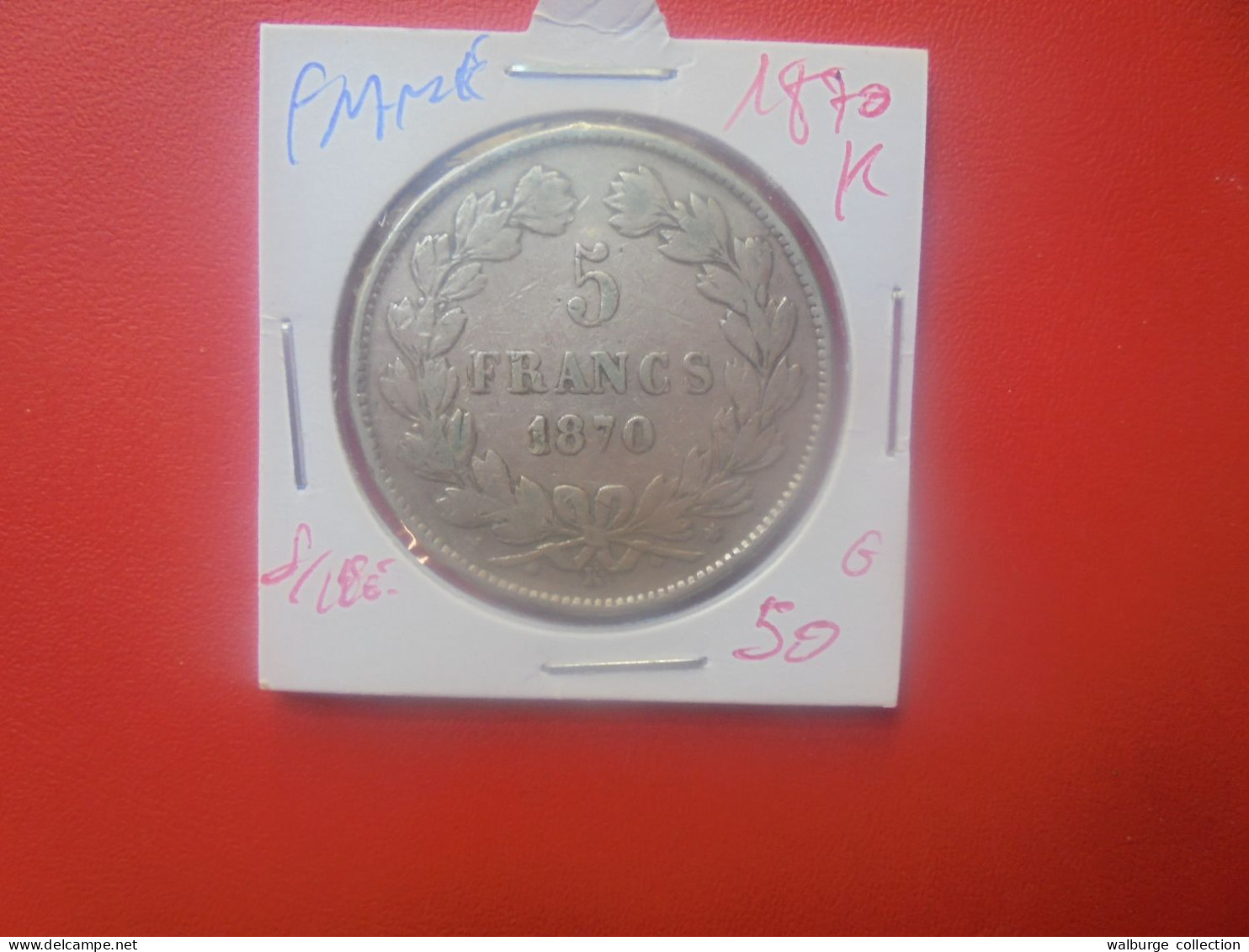 FRANCE 5 Francs 1870 "K" SANS LEGENDE ARGENT (A.2) - 1870-1871 Gouvernement De La Défense Nationale