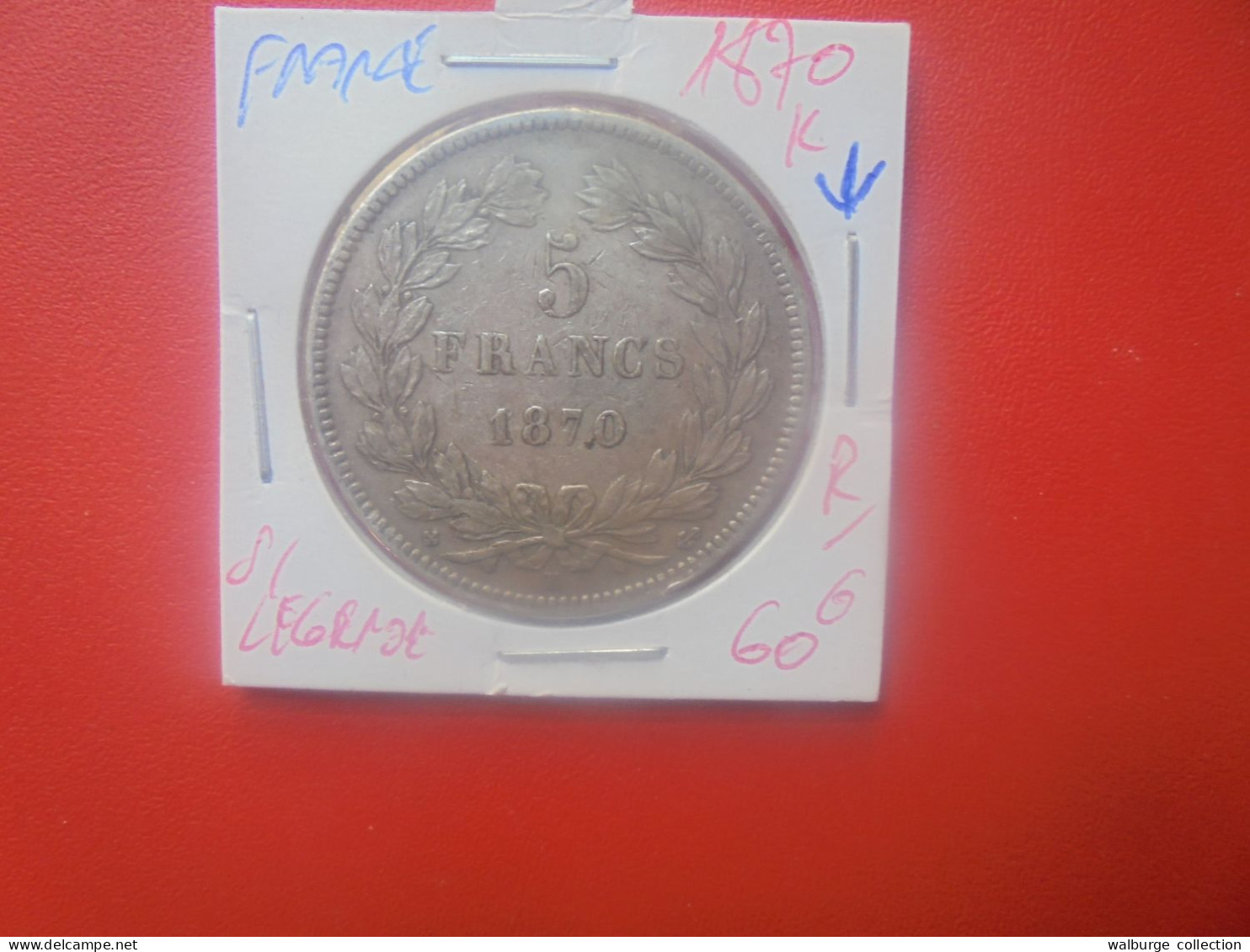 FRANCE 5 Francs 1870 "K" SANS LEGENDE (ANCRE) ARGENT (A.2) - 1870-1871 Kabinett Trochu