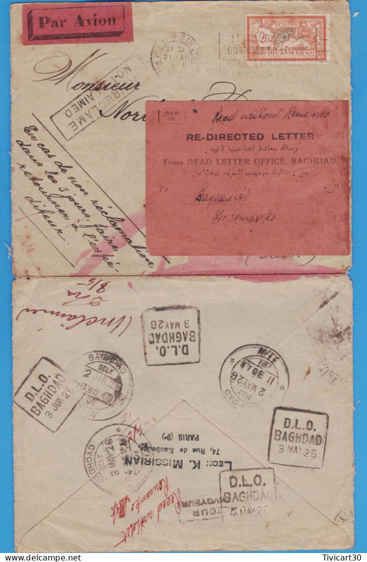 LETTRE PAR AVION DE 1926 - PARIS POUR BAGDAD (IRAK) - TIMBRE 2 F. MERSON SEUL - ETIQUETTE: DEAD LETTER OFFICE BAGHDAD - 1927-1959 Covers & Documents