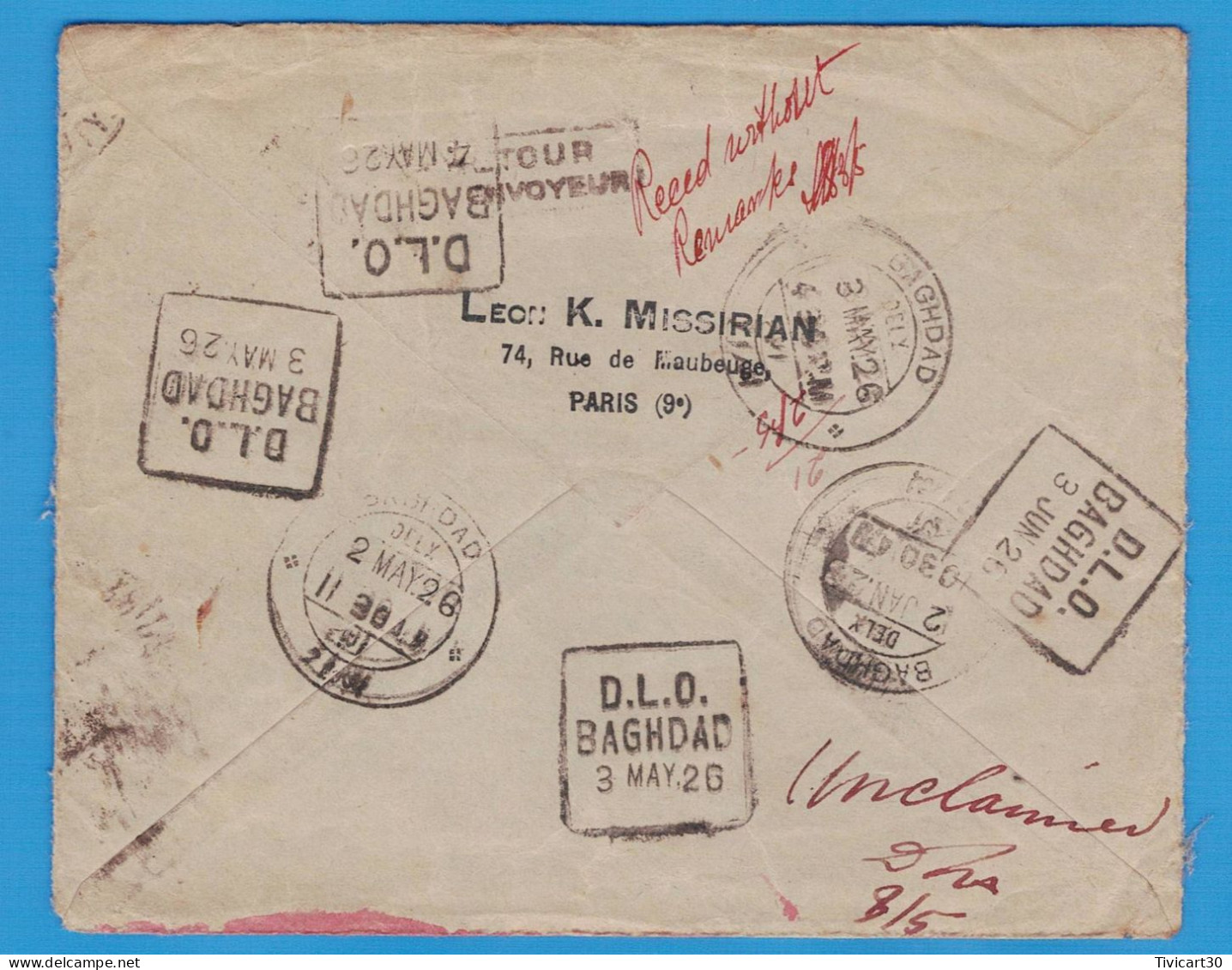 LETTRE PAR AVION DE 1926 - PARIS POUR BAGDAD (IRAK) - TIMBRE 2 F. MERSON SEUL - ETIQUETTE: DEAD LETTER OFFICE BAGHDAD - 1927-1959 Cartas & Documentos