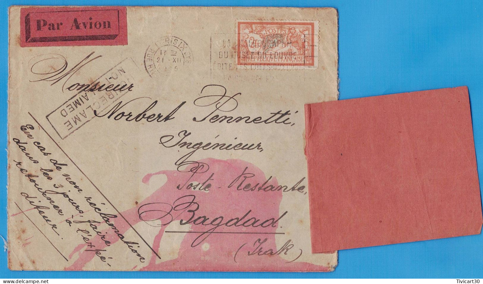LETTRE PAR AVION DE 1926 - PARIS POUR BAGDAD (IRAK) - TIMBRE 2 F. MERSON SEUL - ETIQUETTE: DEAD LETTER OFFICE BAGHDAD - 1927-1959 Lettres & Documents