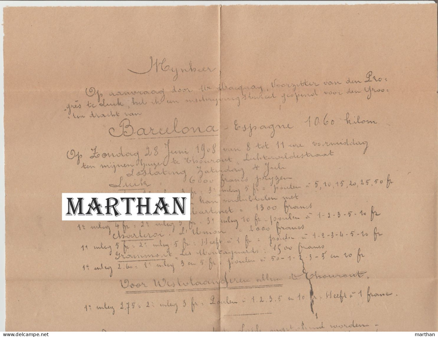 BRIEF 1908 TORHOUT ETTELGEM DUIVENVLUCHT BARCELONA - Sonstige & Ohne Zuordnung