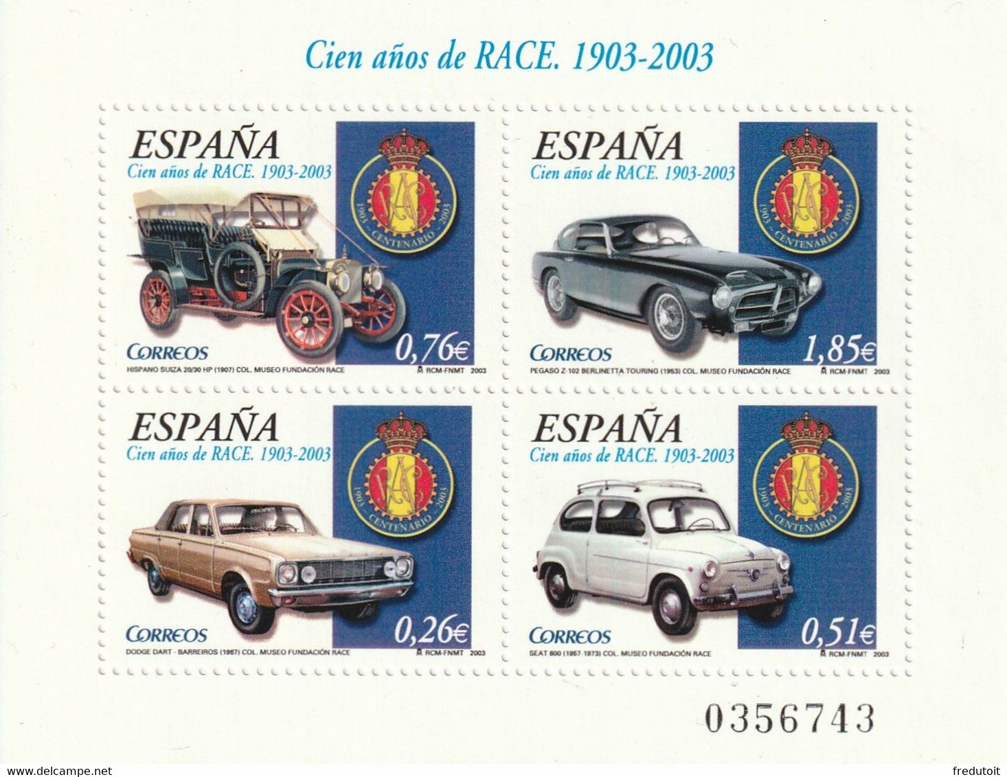 ESPAGNE - BLOC N°117 ** (2003) Automobiles - Blocks & Kleinbögen