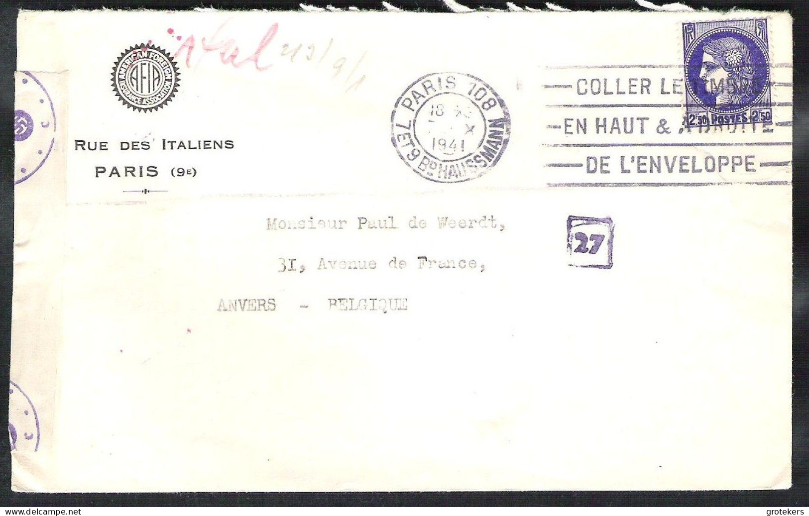 FRANCE Letter 1941 PARIS To Antwerp (Belgium) With German Censor Marks - Lettres & Documents