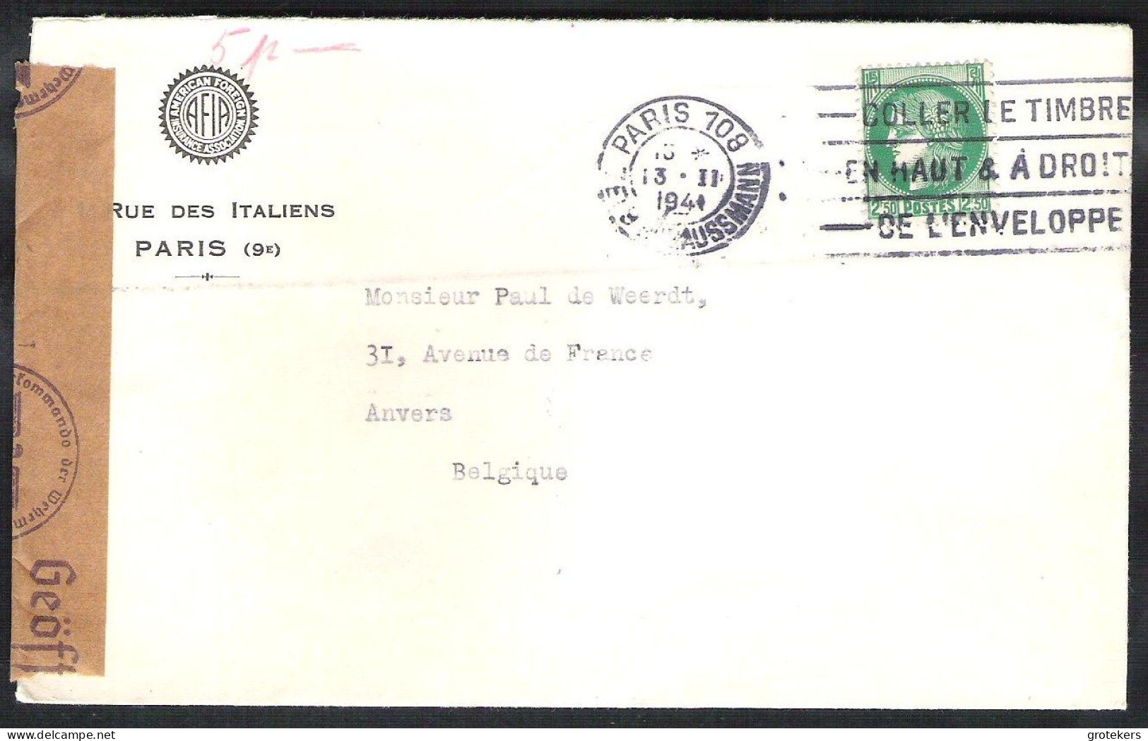 FRANCE Letter 1941 PARIS To Antwerp (Belgium) With German Censor Marks - Lettres & Documents