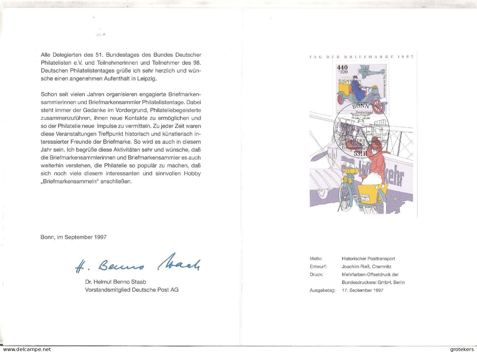 DEUTSCHLAND 1997 Block 41 Tag Der Briefmarke In Sonderumschlag FDC Abstemplung - Covers & Documents