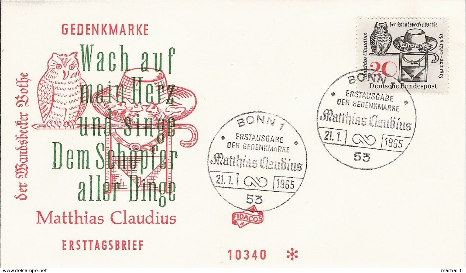 ALLEMAGNE DEUTSCHLAND BUND GERMANY HIBOU CHOUETTE EULE BUHO CORUJA UIL OWL MATTHIAS CLAUDIUS 1965 CHAPEAU COIFFE HUT - Hiboux & Chouettes