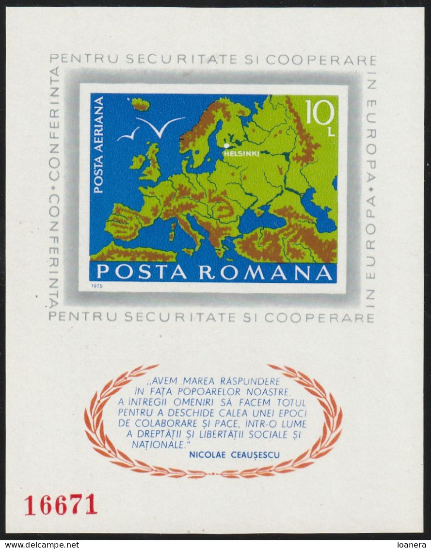 Romania 1975 - C.C.C.E. Helsinki , Imperforate , Souvenir Sheet ,  MNH ,Mi.Bl.125 - Neufs