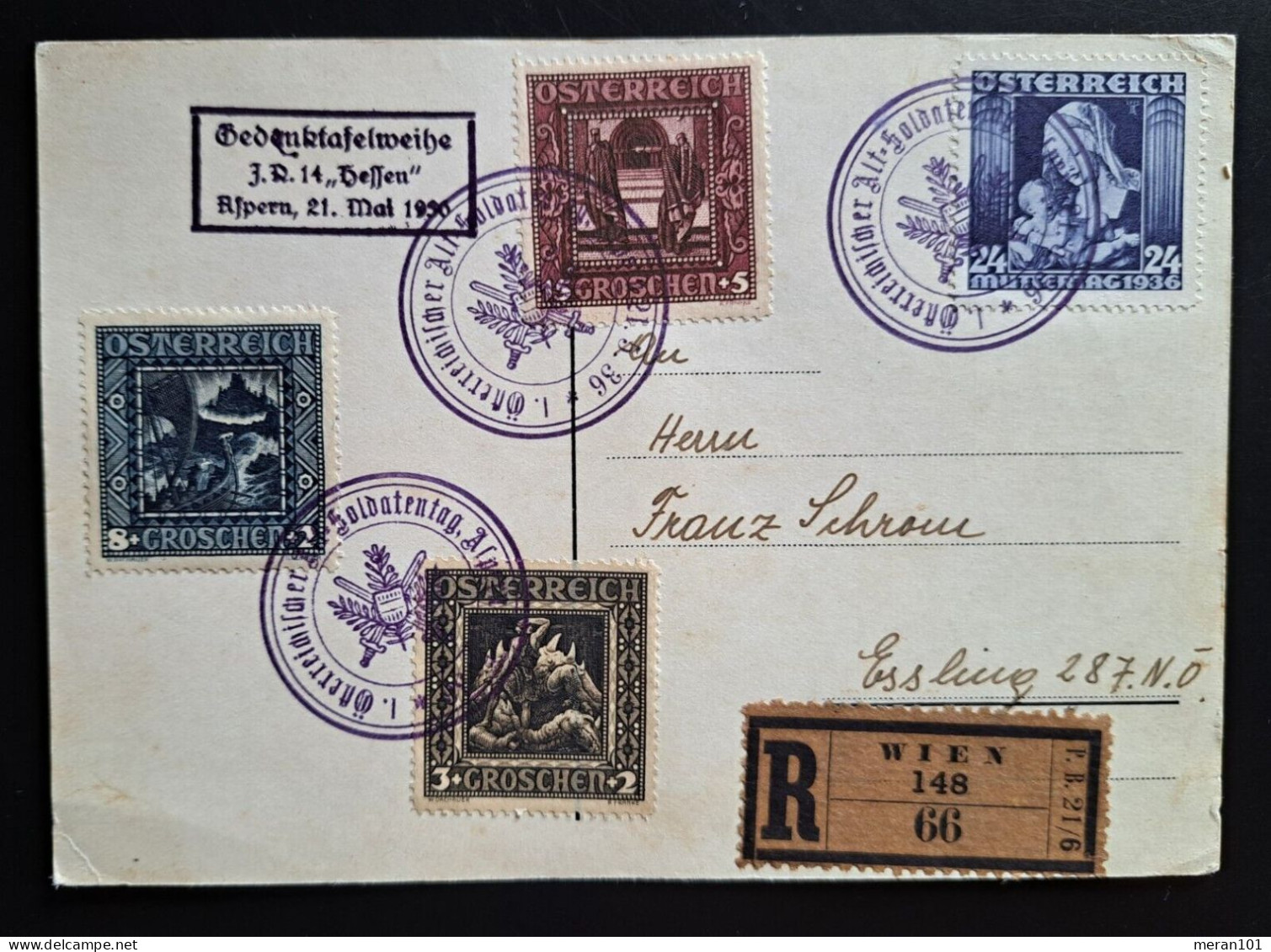 Österreich 1936, Reko-Postkarte Aspern Sonderstempel Gelaufen Essling - Lettres & Documents