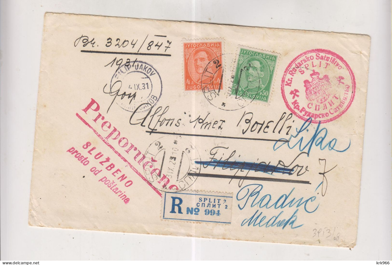 YUGOSLAVIA,1931 SPLIT Registered Cover To FILIP JAKOV Resend To MEDAK - Covers & Documents