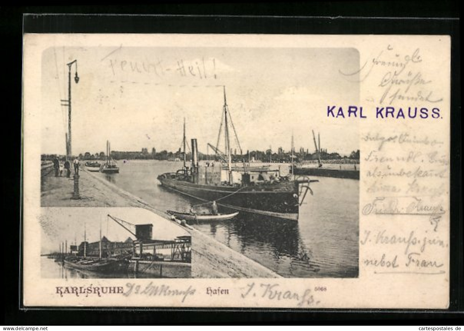 AK Karlsruhe I. B., Rheinhafenpartien Mit Löschkran Und Segeldampfer  - Other & Unclassified