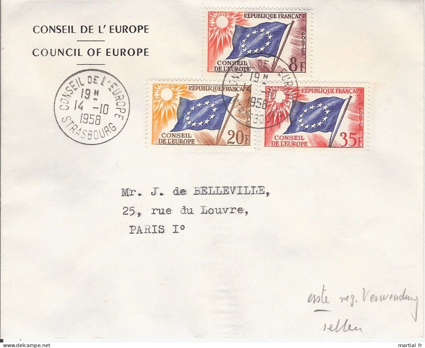 FRANCE CONSEIL EUROPE COUNCIL OF EUROPE 14 10 1958 1ERE DATE D UTILISATION DRAPEAU FAHNE FLAG RARE SELTEN - Brieven & Documenten