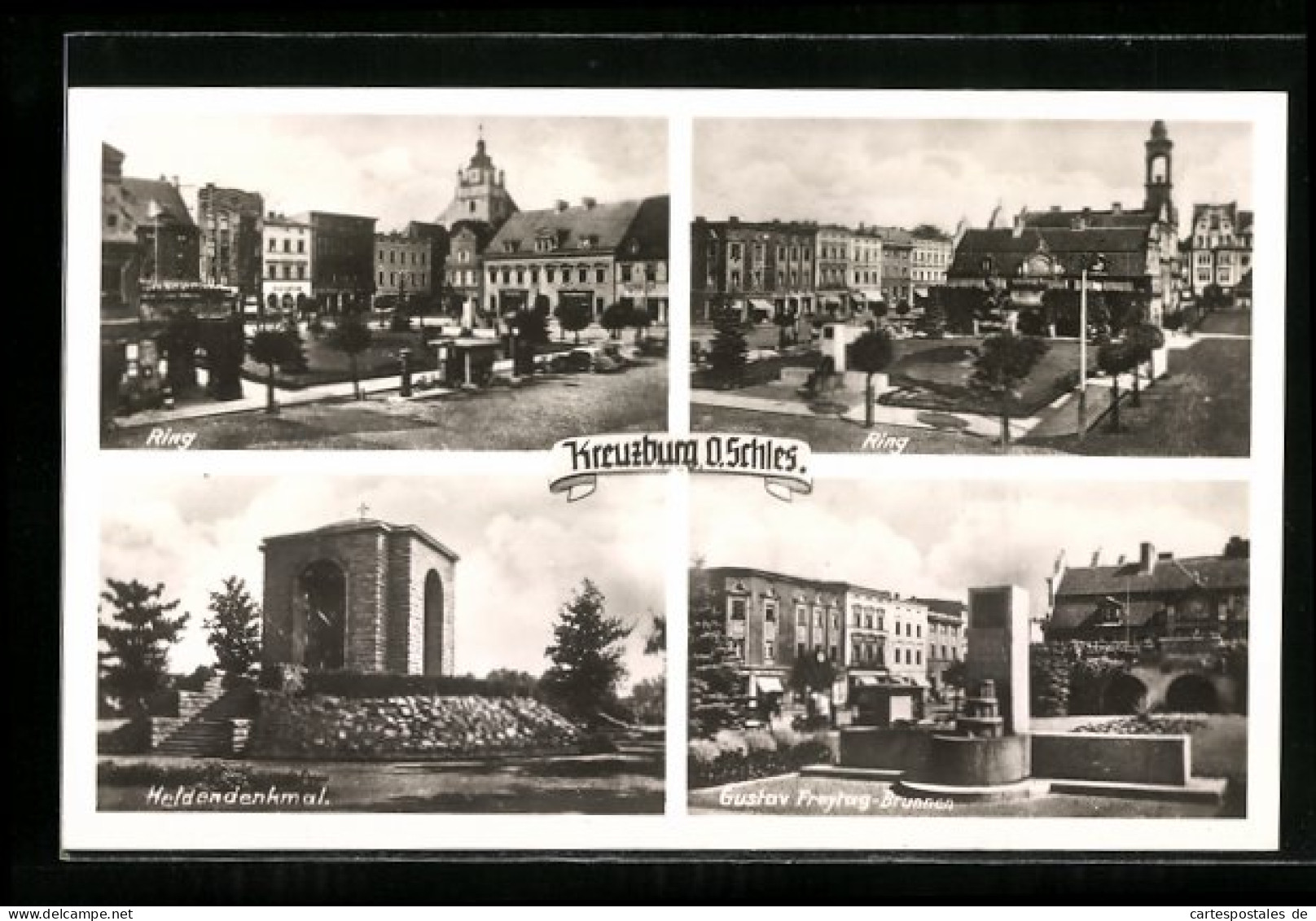 AK Kreuzburg, Heldendenkmal, Gustav-Freytag-Brunnen, Ring  - Schlesien