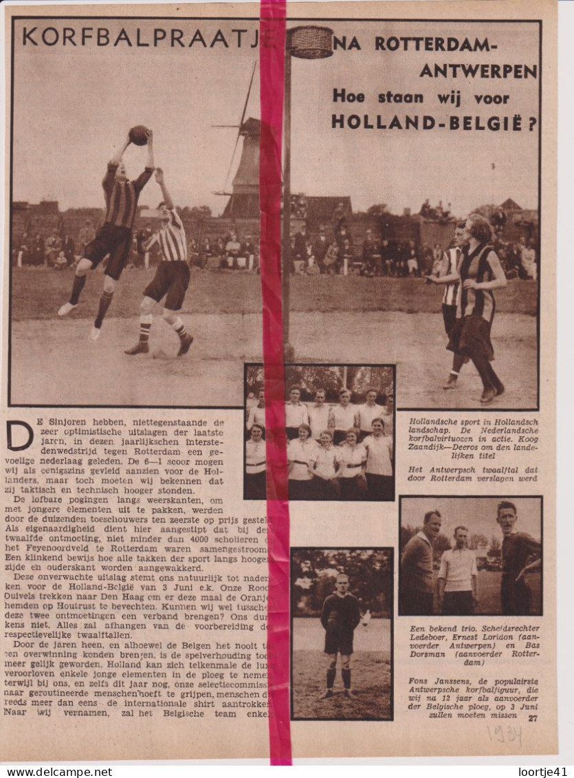 Korfbal Interland Nederland X België - Orig. Knipsel Coupure Tijdschrift Magazine - 1934 - Non Classés